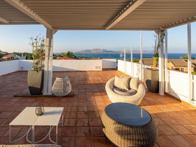 Terrazza con vista mare, arredi moderni e piante.