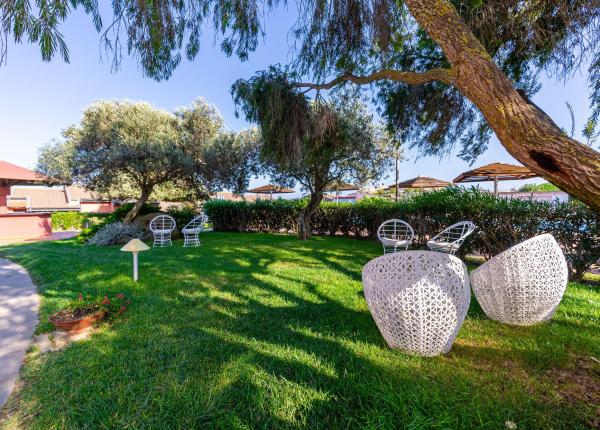 Giardino sereno con sedie eleganti sotto alberi ombrosi, sole e pace.